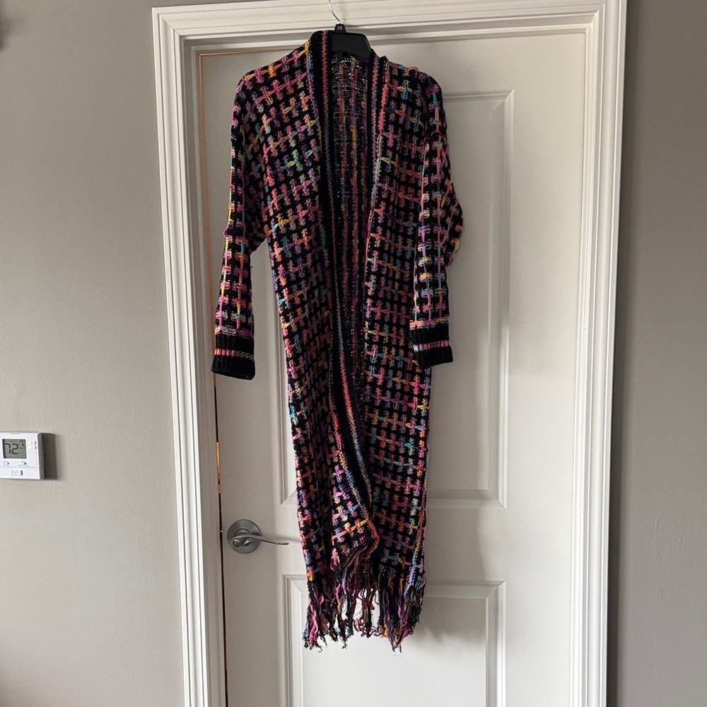 Multicolor Knit Long Cardigan with Fringe